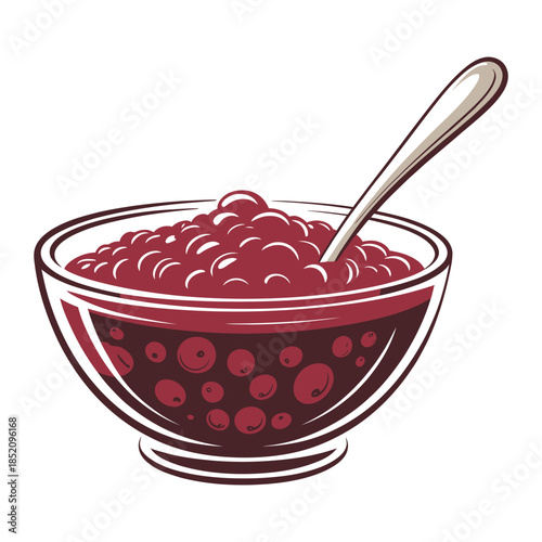 Glass bowl of red cranberry jam or berry sauce with spoon vector illustration isolated on white background sweet fruit preserve