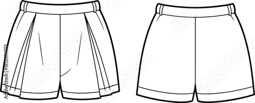 CAD drawing flat vector illustration of women's pleated front shorts, front and back view, technical fashion sketch template design
