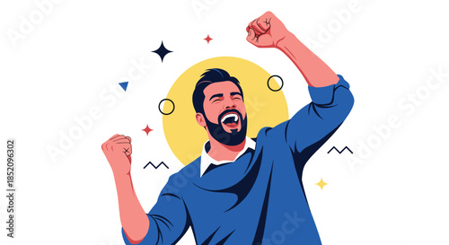 Ecstatic bearded man with closed eyes and clenched fists cheering, celebrating a personal victory with overwhelming happiness.
