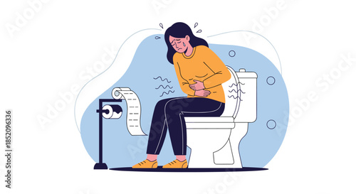 Woman with stomach problems sitting on the toilet suffering from diarrhea, constipation, or severe abdominal cramps and pain.