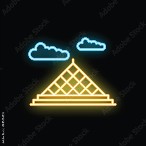 Glowing neon sign depicting the louvre museum in paris, france, with stylized clouds