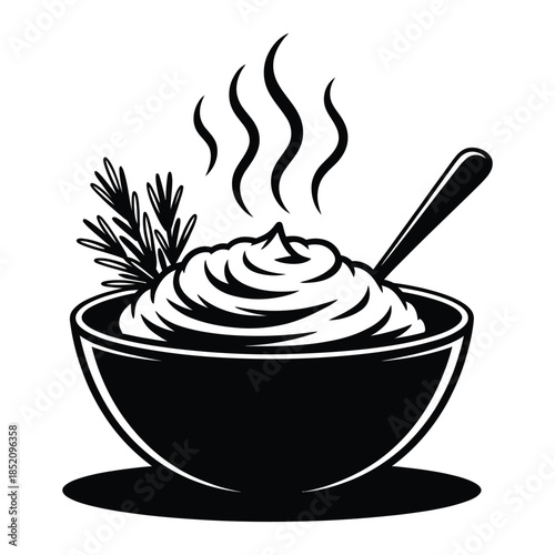 Hot steamed mashed potatoes or creamy dip in bowl with spoon and rosemary sprig silhouette vector illustration isolated on white background