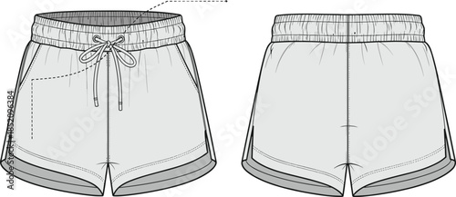 Cad drawing flat vector illustration of women's sports shorts with elastic waistband, drawstring, curved hem, detailed fashion technical sketch