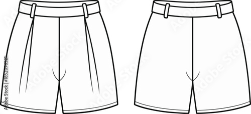 CAD drawing flat vector illustration of women's tailored high-waist shorts with front pleats and waistband, technical sketch front back