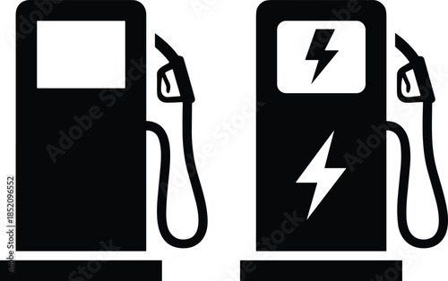 Gasoline fuel pump and electric vehicle charging station icons, comparison of fossil fuel and clean energy transportation concepts, isolated black silhouettes on white background