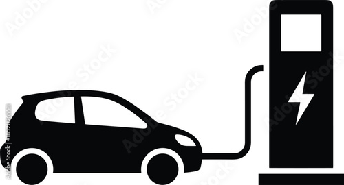 Electric car charging station icon, electric vehicle silhouette, EV power concept, eco friendly transportation symbol, renewable energy mobility, clean technology illustration, modern flat design