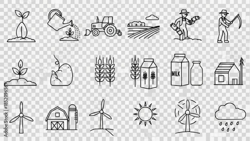 Collection of Simple Line Icons Representing Renewable Energy.