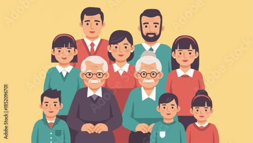 Cartoon Family Group Portrait with Generations.