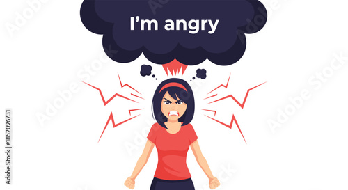 Furious young woman with a thunder cloud above her head that says I'm angry, expressing rage, frustration, and intense anger.