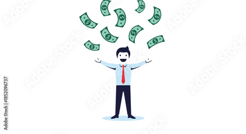 Successful happy businessman standing with open arms under a rain of money, celebrating financial success, wealth, and profit.