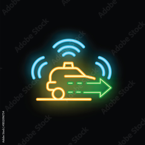 Glowing neon line icon of a self driving autonomous vehicle using a wireless network