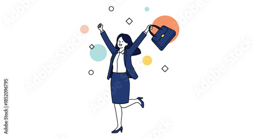 Joyful businesswoman jumping and celebrating with her briefcase, expressing happiness and success after a great achievement.