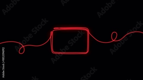 Video. Continuous neon black square line pattern. Single line geometric frame icon. Sketch of a rectangular frame. Animation on a black background 4K.