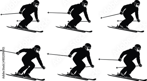 Silhouette alpine skier action sequence, winter sports motion illustration, downhill skiing technique, dynamic ski poses, athlete performance, snowy mountain recreation concept art