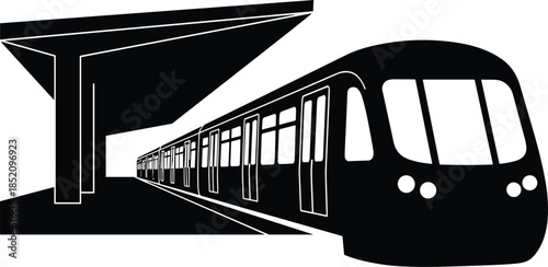 Modern metro train silhouette at underground station platform, urban public transport concept, subway rail system illustration, city commuting, minimalist black white design