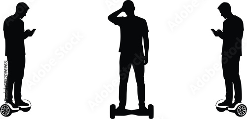 Silhouette, men, riding, hoverboard, using, smartphone, modern, urban, technology, lifestyle, mobility, transportation, balance, electric, scooter, concept, isolated, white, background, 