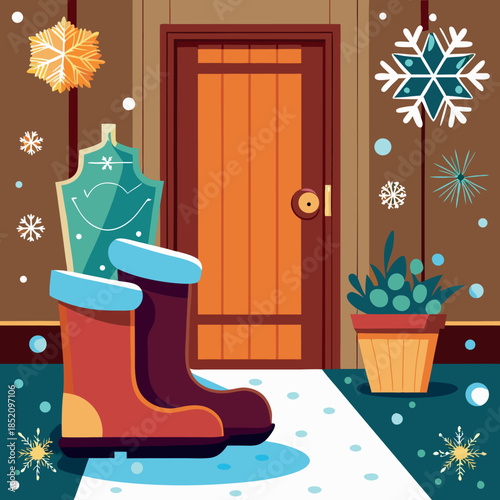 Cozy winter boots are placed next to the wooden 