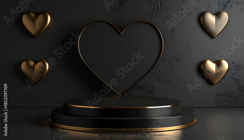 Black geometric podium with metallic gold trim, surrounded by subtle heart shadows and gold heart shapes on textured dark backdrop, creating romantic and elegant atmosphere