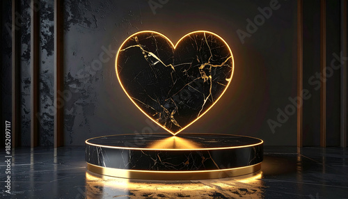 Black marble podium with gold heart accent floating above soft golden rim light, elegant modern luxury style, romantic atmosphere, dramatic lighting, reflective floor