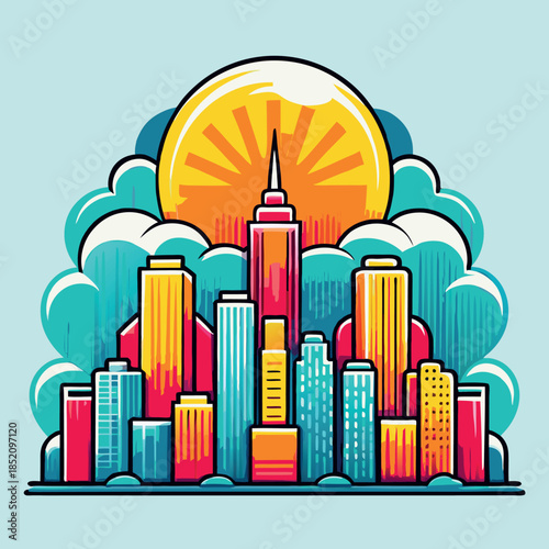 A picture of a city a large sun-and clouds. 