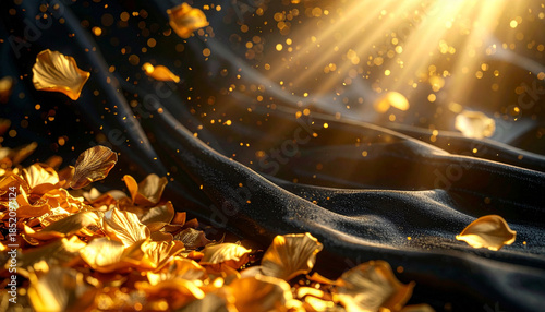 Golden petal scatter on black satin fabric with bright gold directional light, sparkling dust, luxurious and elegant atmosphere, dreamy and magical mood