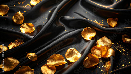 Black satin texture with golden petal scatter, bright gold directional light creates luxurious, elegant, and glamorous atmosphere, perfect for celebration or festive backgrounds