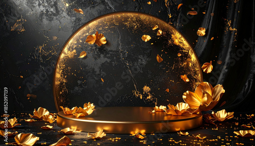 Golden petal scatter on black satin texture with bright gold directional light, elegant round podium, luxury abstract background, festive and glamorous atmosphere