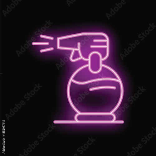 Neon purple spray bottle is shining, indicating cleaning and disinfecting