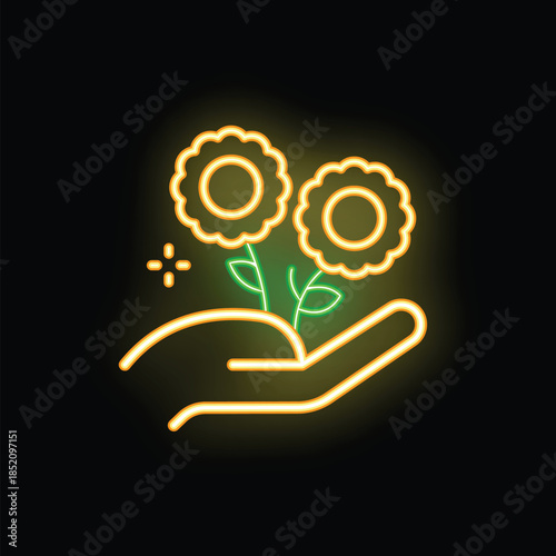 Neon glowing icon of a hand holding two growing sunflowers, representing growth and care