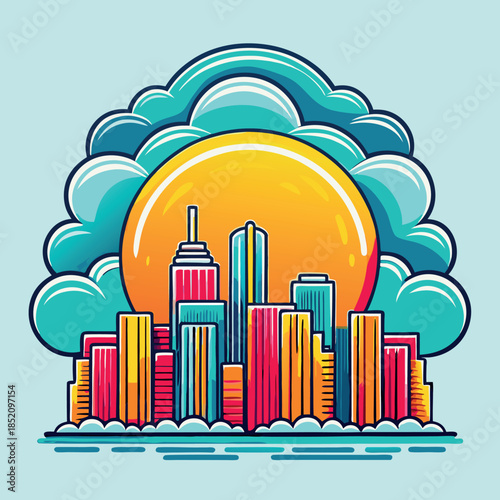 A picture of a city a large sun-and clouds. 