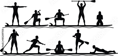 Stand up paddleboard yoga silhouettes, fitness balance poses outdoor water sport illustration set isolated on white background vector design people exercise wellness training collection