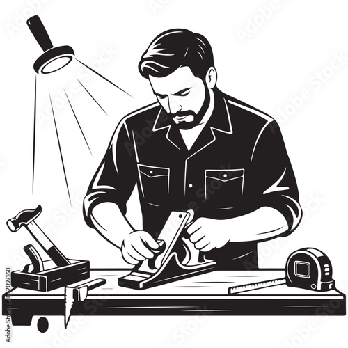 Vector illustration of a businessman sitting at an office desk typing on a laptop while a silhouette of a man cleaning the floor with a mop appears in the background.