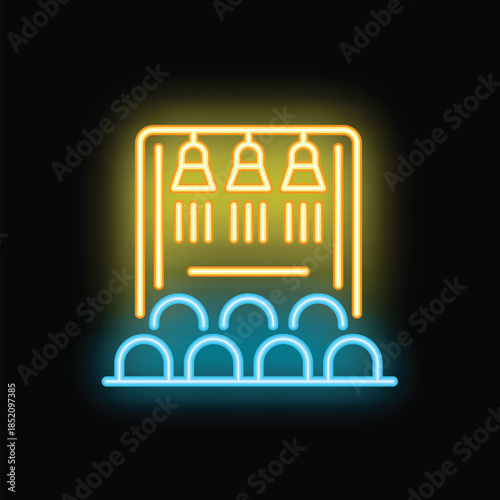 Yellow and blue neon sign representing a theater stage with spotlights illuminating empty seats for the audience