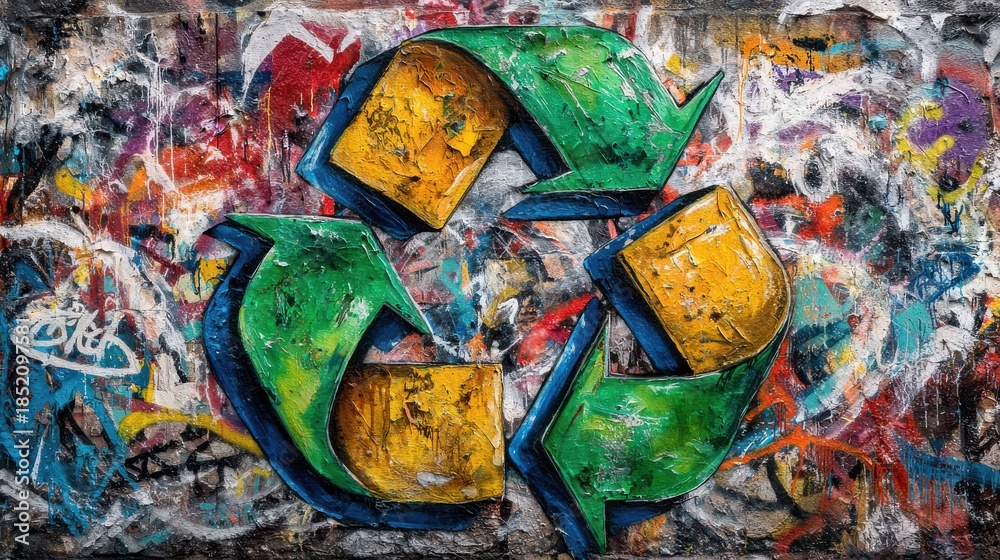 Naklejka premium colorful graffiti wall featuring the recycling symbol for ecoconscious art