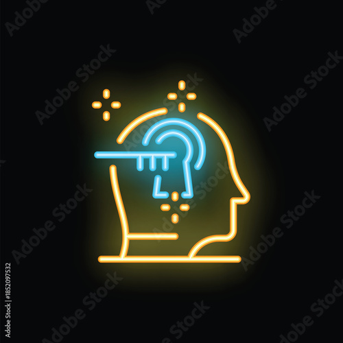 Neon sign illustrating the concept of unlocking potential with key entering a human mind