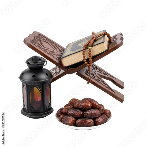 ornate wooden prayer stand with religious text angelus rosary beads and dates on a dark background