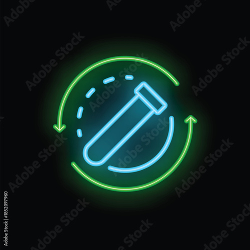 Neon icon showing a test tube experiment, representing the continuous cycle of scientific research and development