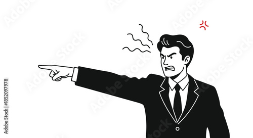 Angry boss or manager in a business suit pointing his finger and shouting with a furious expression, showing authority and blame.