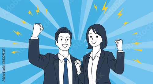 Happy businessman and businesswoman cheering with fists raised, celebrating a team success against a blue radial background.