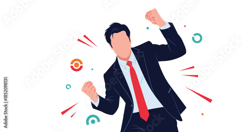 Faceless businessman in a suit celebrating a successful achievement with raised fists, feeling happy, victorious, and excited.