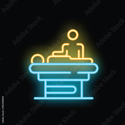 Bright yellow and blue neon sign depicting a masseur massaging a client on a massage table, perfect for businesses