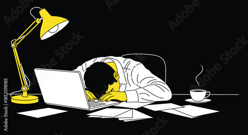 Exhausted and overworked man sleeping with his head on a laptop at a desk late at night, suffering from burnout and fatigue.