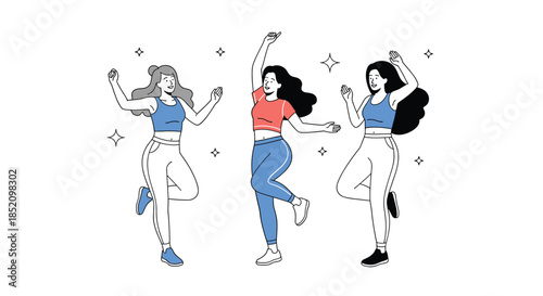 Three happy and energetic young women dancing together with joy and freedom, celebrating and having fun with friends.