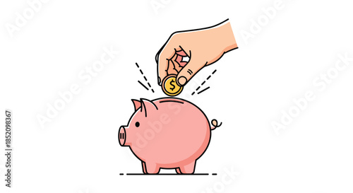 Hand putting a gold dollar coin into a pink piggy bank, symbolizing saving money, investment, and financial planning for the future.