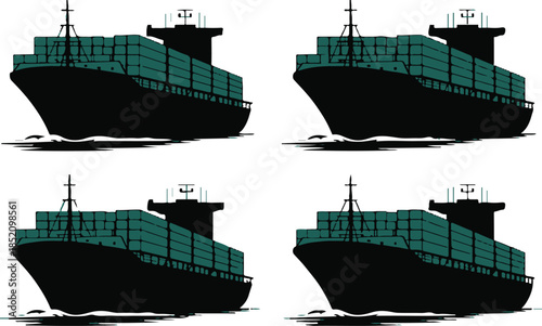 ship front side view with stacked containers vector illustration set