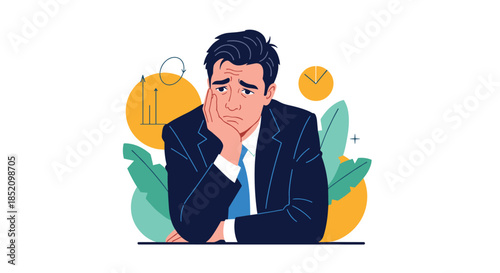 Bored, sad, and tired businessman sitting at his desk, feeling unmotivated and frustrated with his unfulfilling work or career.