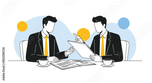 Two faceless businessmen in suits sitting at a table, having a serious discussion and negotiation over documents and coffee.