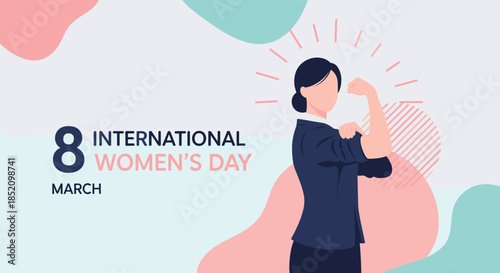 International Women's Day promotional banner with a strong businesswoman flexing her bicep, celebrating female empowerment.