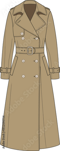 Cad drawing flat vector illustration, classic long trench coat, women’s belted overcoat, double-breasted outerwear, stylish fall fashion, timeless outer garment, buttoned closure, 