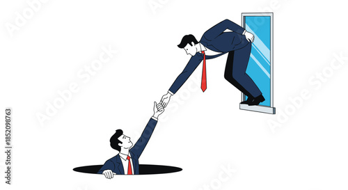 Businessman reaching out from a window to help and pull up another businessman from a hole, symbolizing teamwork and support.
